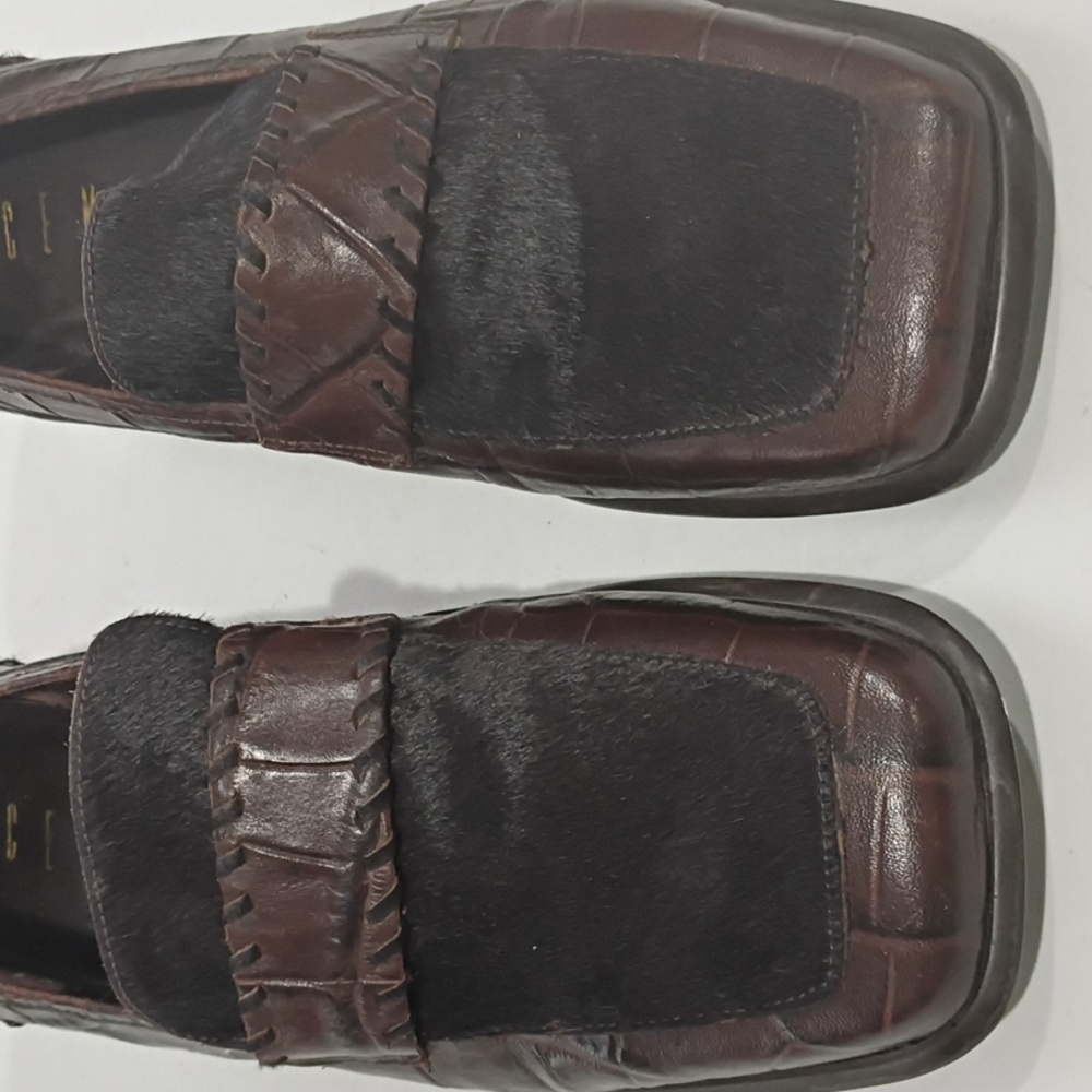 CEM Elegant Brown Leather Loafers with Faux Croc and Calf Hair Square Toe Sz 10M - Picture 9 of 16